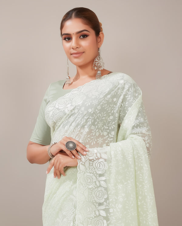 Chikankari Mint Green Elegant Designer Lace Saree
