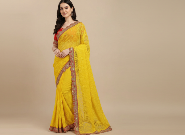 Sunshine Yellow Designer Lace Saree
