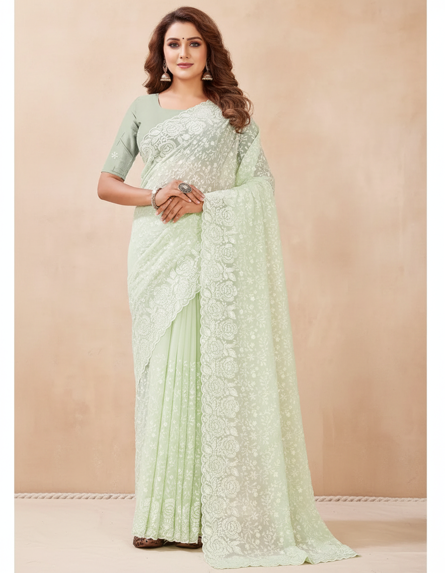 Chikankari Mint Green Elegant Designer Lace Saree