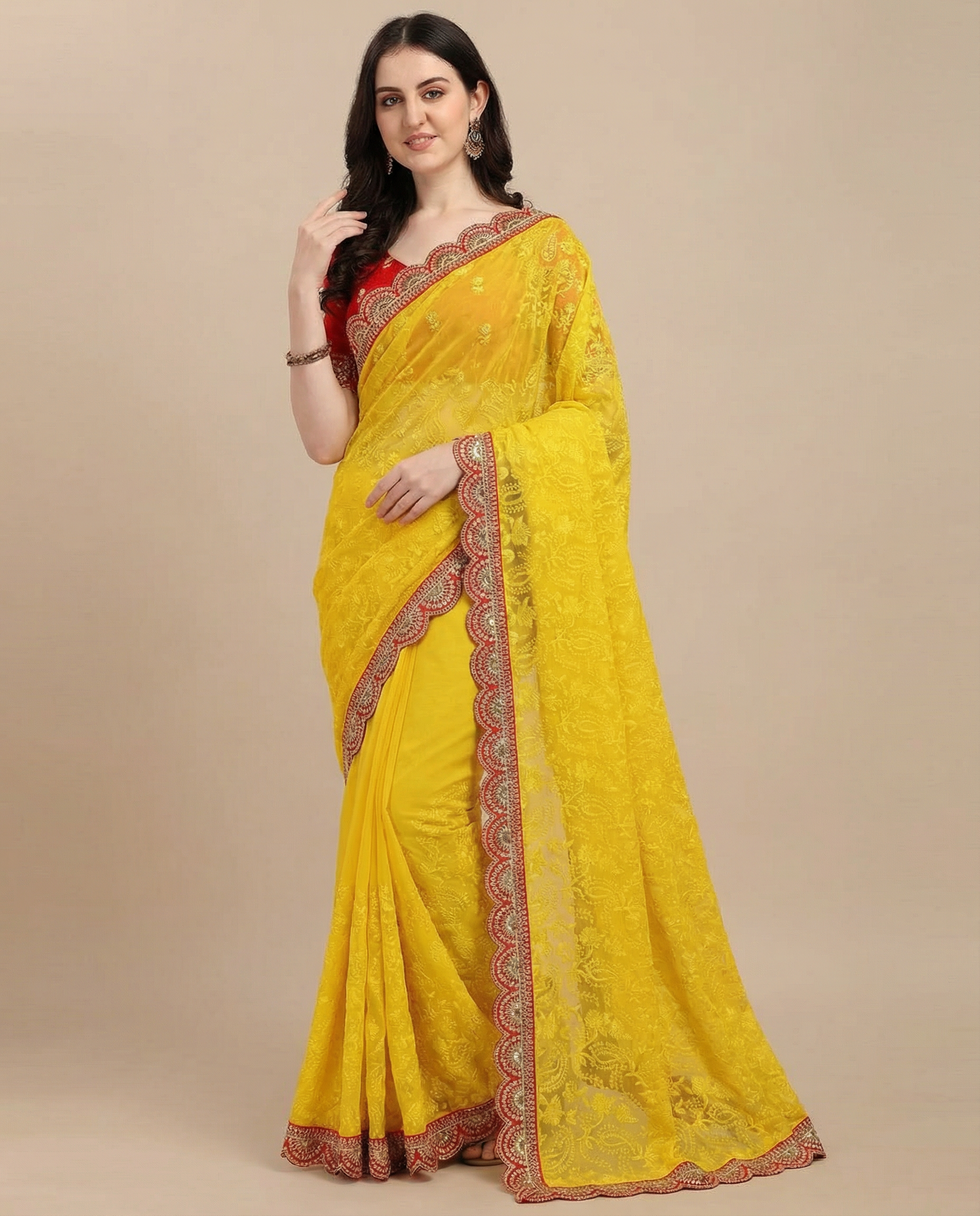 Sunshine Yellow Designer Lace Saree