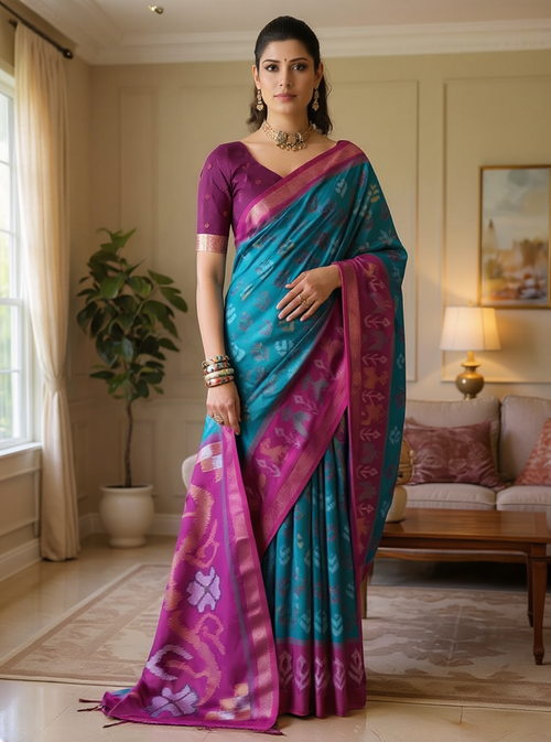 Elegant Teal & Magenta Banarasi Silk Saree