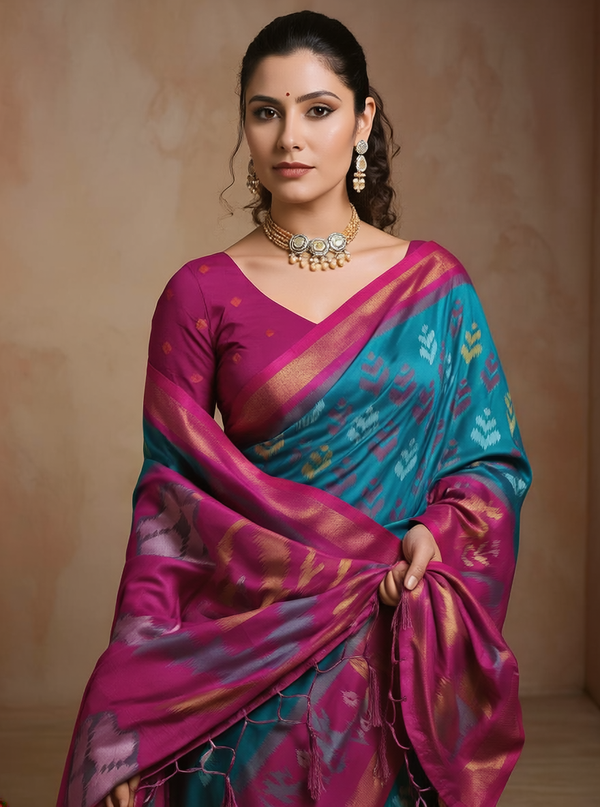Elegant Teal & Magenta Banarasi Silk Saree