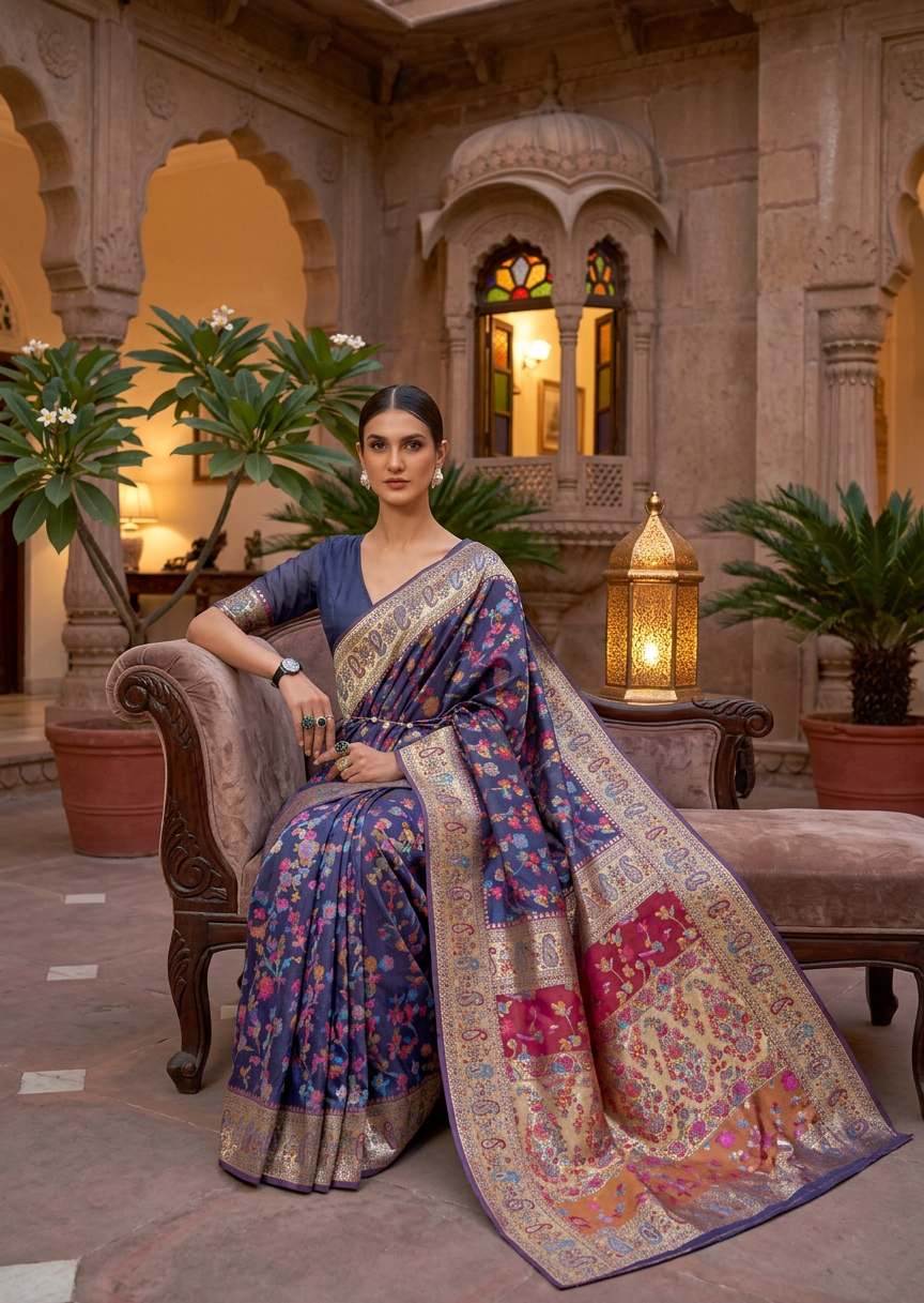 The Imperial Indigo Pashmina Handloom Silk Saree
