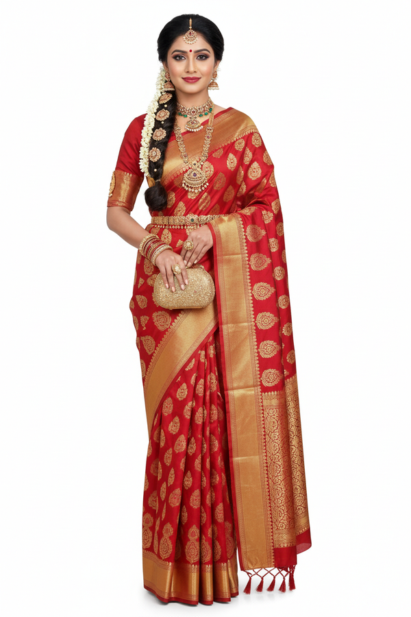 Rich Red Kanjivaram Silk Saree – Front Standing Pose