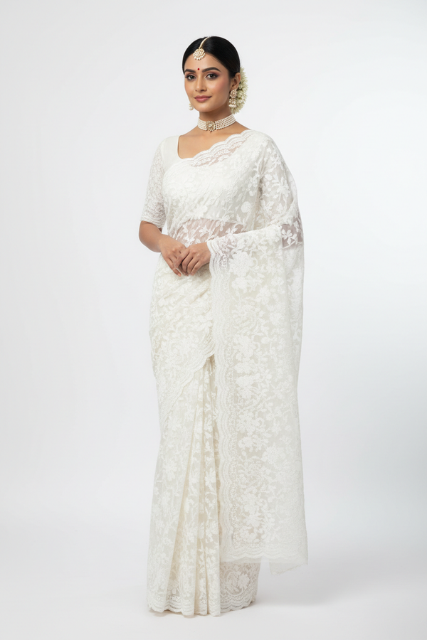 White Lucknowi Chikankari Saree – Front Standing Pose