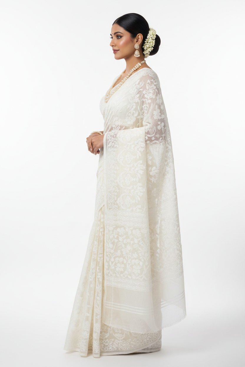 White Lucknowi Chikankari Saree – Side Profile Pose