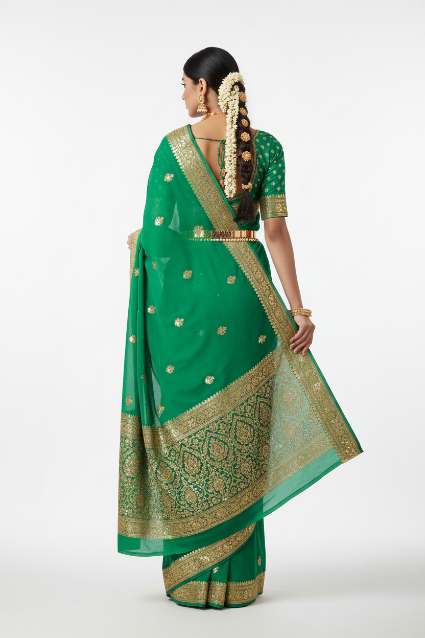 Vibrant Green Georgette Saree – Back Pallu View