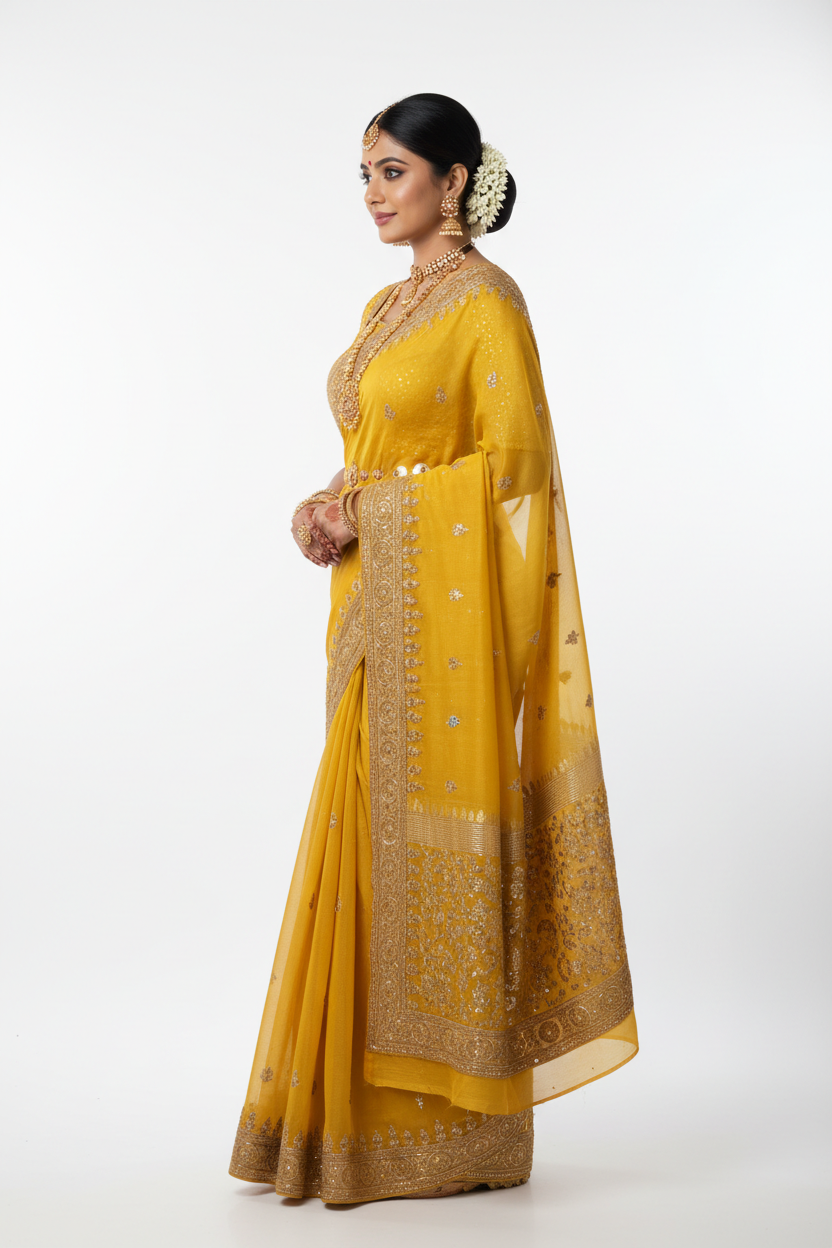 Yellow Golden Georgette Saree – Side Profile Pose