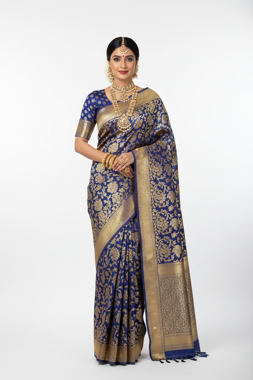 Royal Blue Banarasi Silk Saree – Front Standing Pose