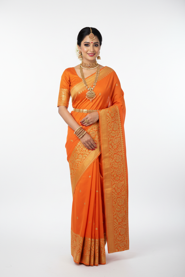 Vibrant Orange Georgette Saree – Front Standing Pose