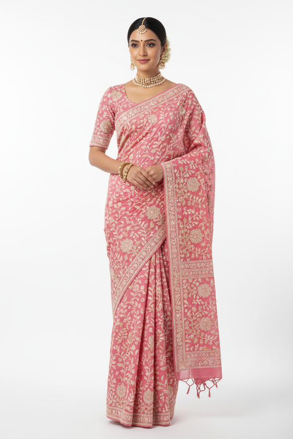 Pink Lucknowi Chikankari Saree – Front Standing Pose