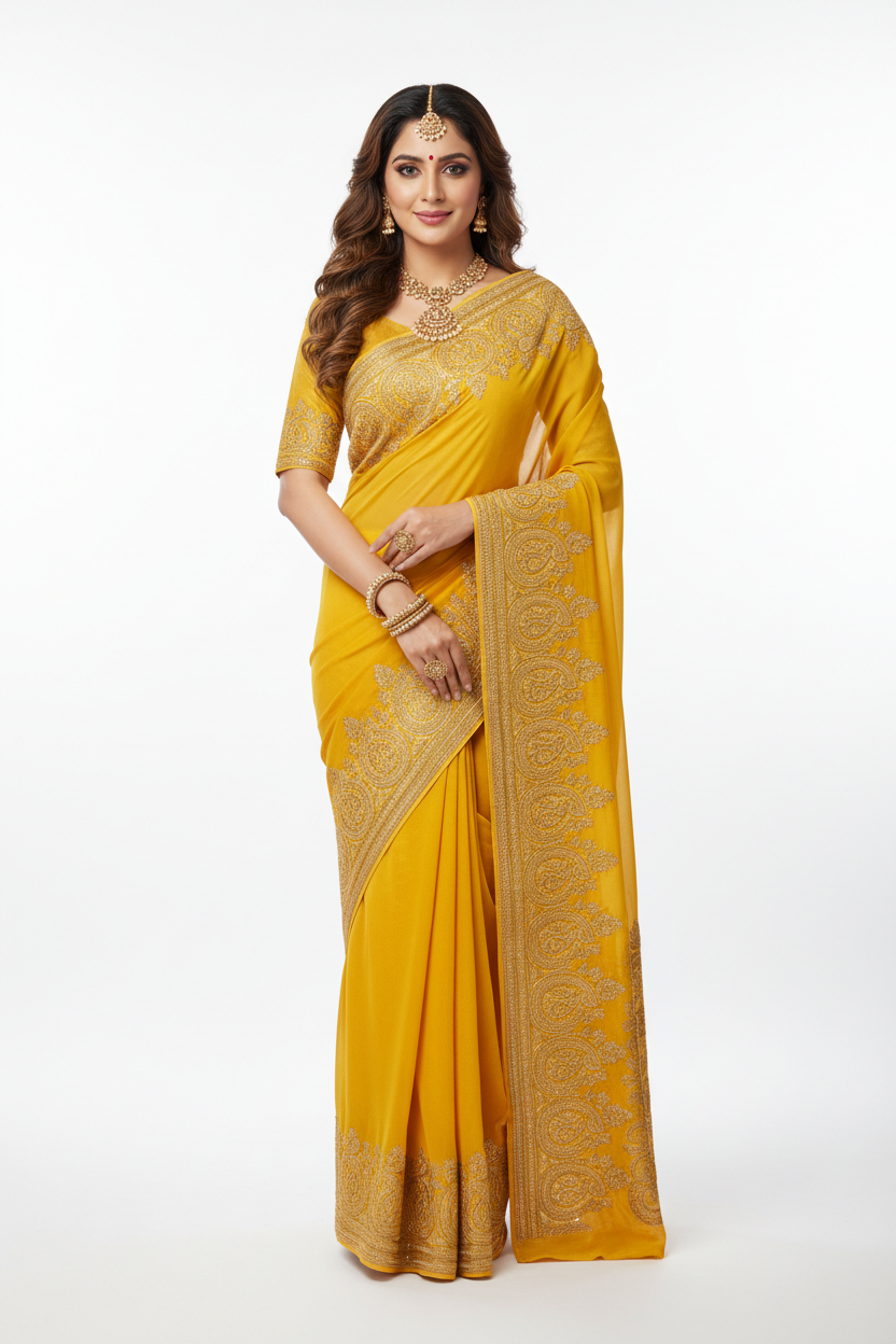 Yellow Golden Georgette Saree – Front Standing Pose