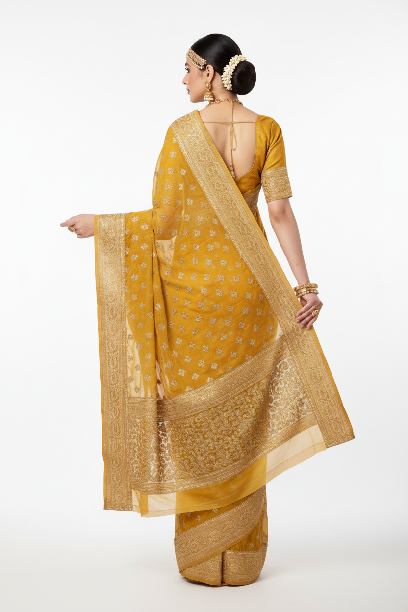 Yellow Golden Georgette Saree – Back Pallu View