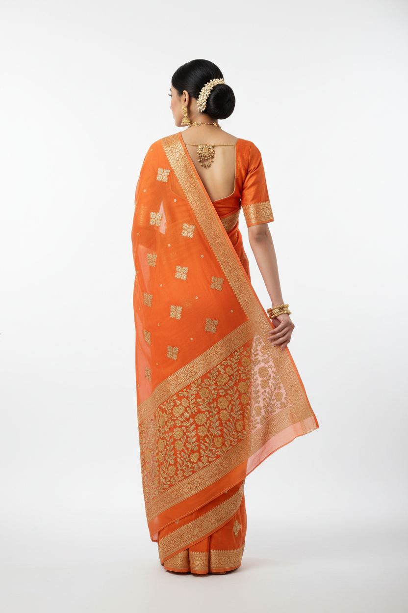 Vibrant Orange Georgette Saree – Back Pallu View
