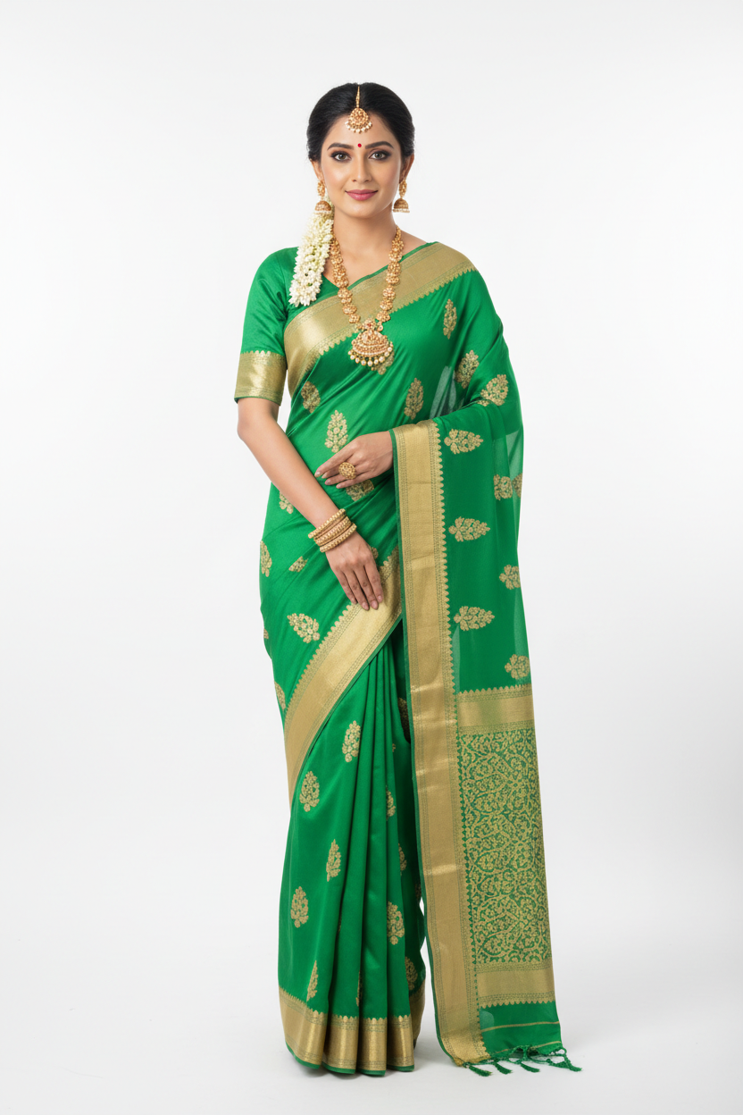 Vibrant Green Georgette Saree – Front Standing Pose