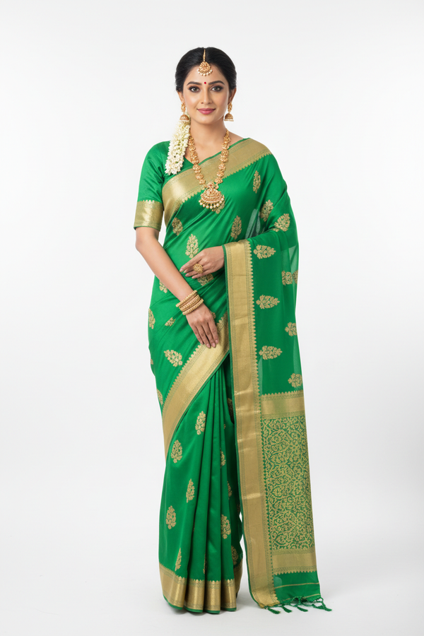 Vibrant Green Georgette Saree – Front Standing Pose