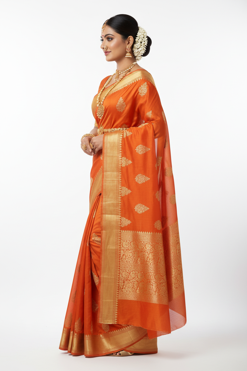 Vibrant Orange Georgette Saree – Side Profile Pose