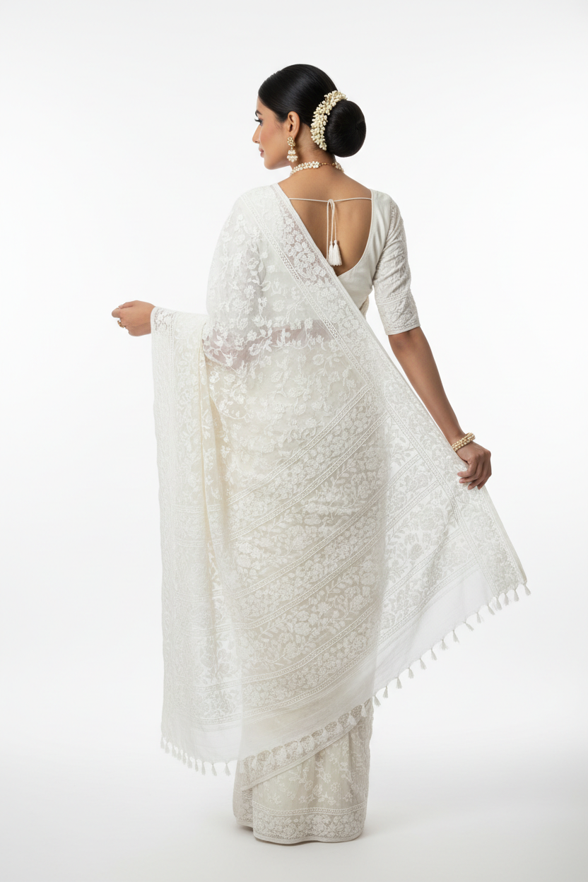 White Lucknowi Chikankari Saree – Back Pallu View