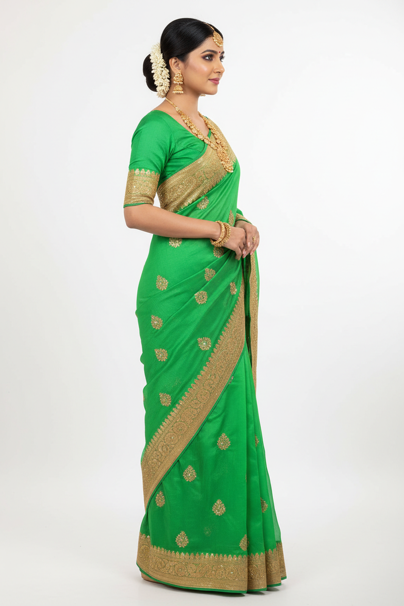 Vibrant Green Georgette Saree – Side Profile Pose