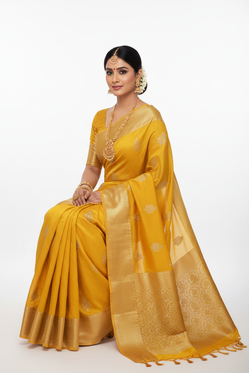 Yellow Golden Georgette Saree – Sitting Pose