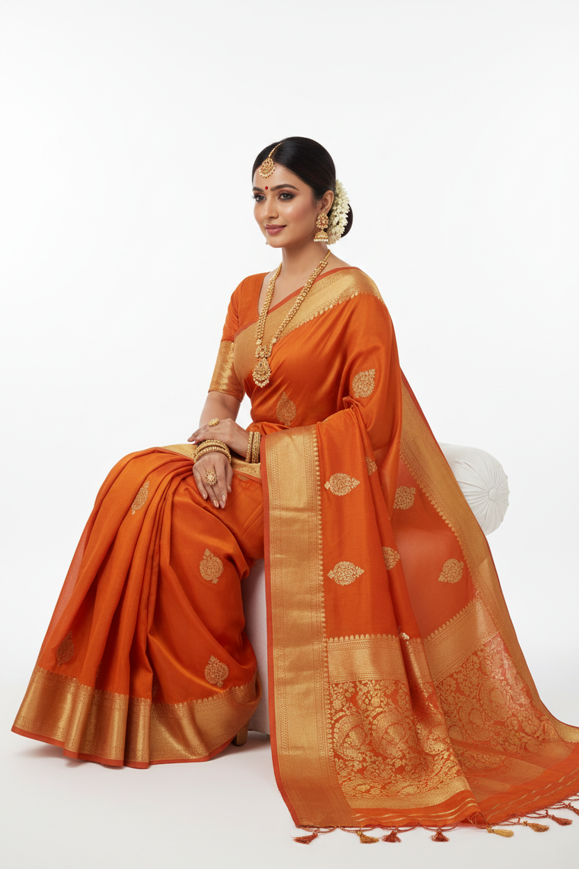 Vibrant Orange Georgette Saree – Sitting Pose