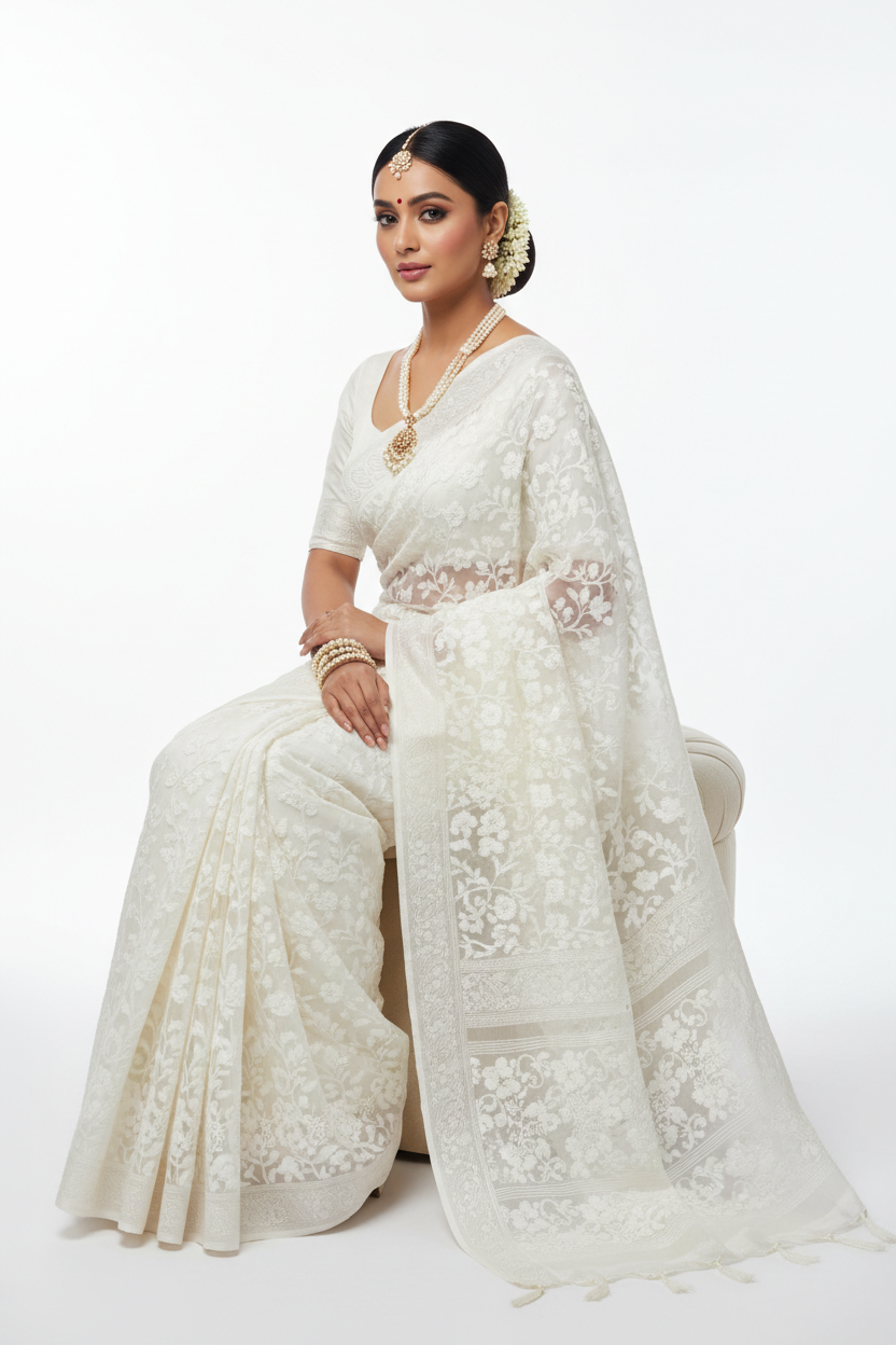 White Lucknowi Chikankari Saree – Sitting Pose