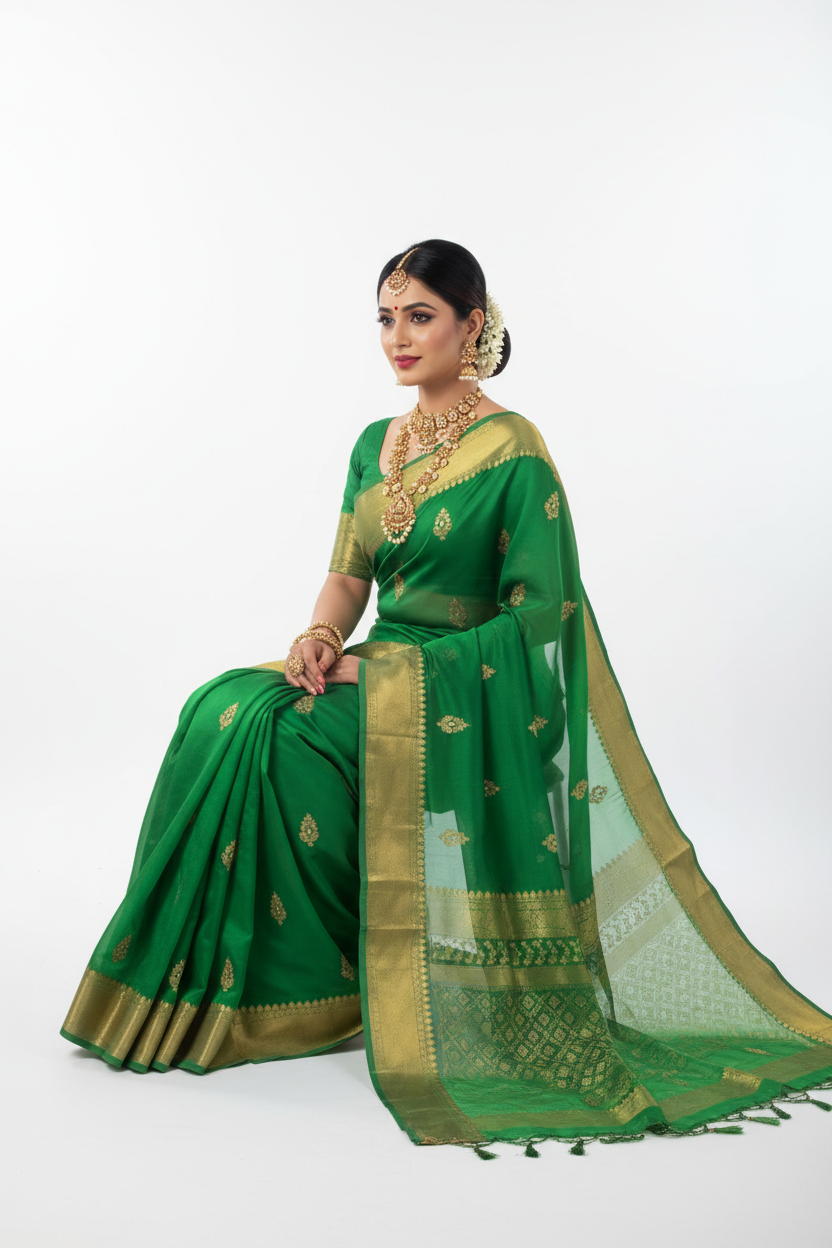 Vibrant Green Georgette Saree – Sitting Pose